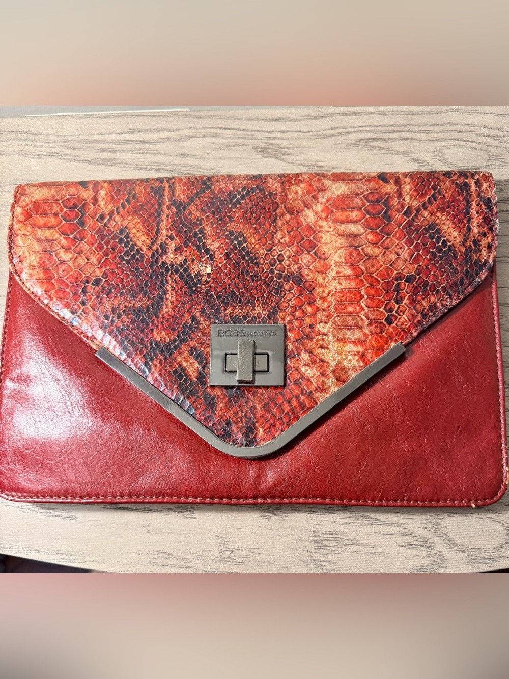 BCBGeneration Red Snake-Print Envelope Clutch